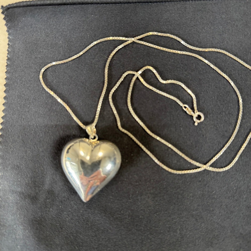 Sterling Silver 925 Thailand Puffy Heart Pendant Necklace 28" Box Chain 27g GUC